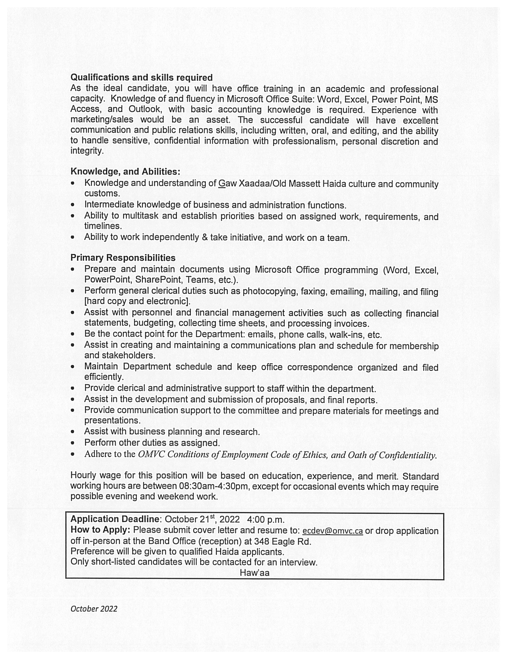 Old Masset Village Council Employment Opportunity Village of Masset Haida Gwaii BC Canada